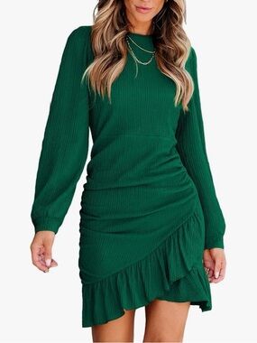 Cupshe Knit Ruched Dress Smocked Ruffle Hem Long Sleeve Bodycon Green M NWT